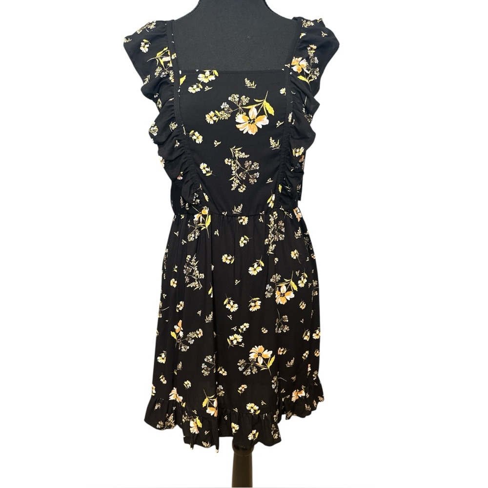 NWT Wild Fable Floral‎ Black Mini Dress, Square Neck Ruffle Details, Size XS